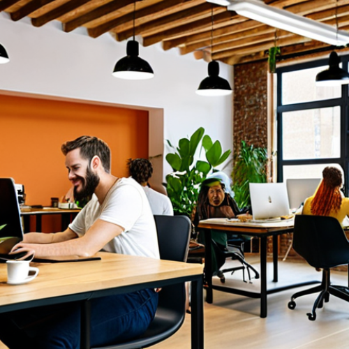 **

A brightly lit, modern coworking space filled with diverse individuals working on laptops. Green plants are strategically placed throughout the area. Ergonomic chairs and adjustable desks are visible. In the background, a group is casually networking during a coffee break. The overall atmosphere is energetic, creative, and welcoming. Focus on warm, inviting lighting and a clean, professional aesthetic.

**