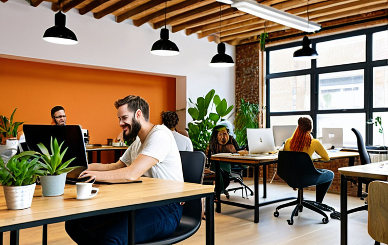 **

A brightly lit, modern coworking space filled with diverse individuals working on laptops. Green plants are strategically placed throughout the area. Ergonomic chairs and adjustable desks are visible. In the background, a group is casually networking during a coffee break. The overall atmosphere is energetic, creative, and welcoming. Focus on warm, inviting lighting and a clean, professional aesthetic.

**