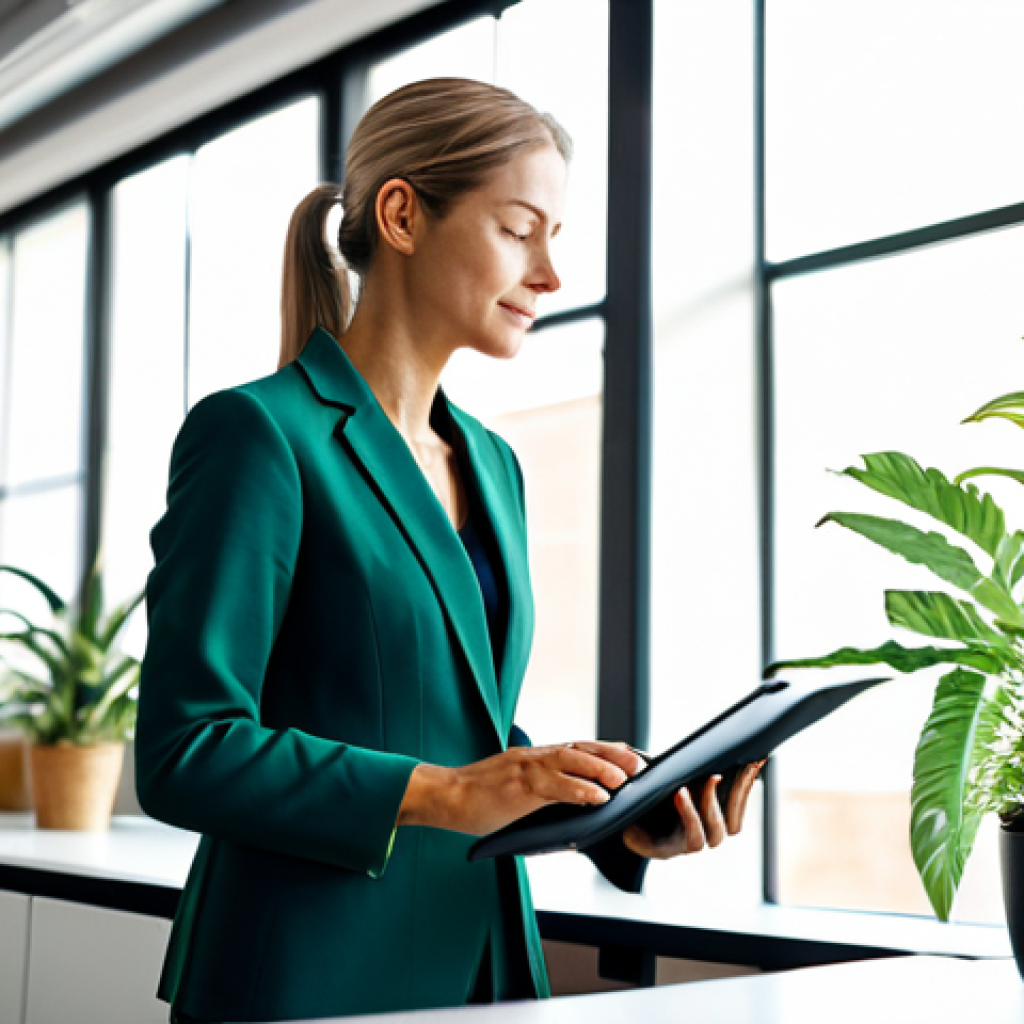 The Wellness Oasis**
    A professional businesswoman, fully clothed in a modest business casual suit, participates in a quiet mindfulness exercise within a sunlit, modern co-working space. The environment features an ergonomic standing desk, abundant green plants, and soft natural light streaming through large windows. The focus is on a serene, productive atmosphere that promotes well-being and mental clarity. The image should convey perfect anatomy, correct proportions, natural pose, well-formed hands, proper finger count, and natural body proportions, ensuring a high-quality, realistic, detailed, and safe for work, appropriate content, professional, family-friendly depiction.

2.  **Prompt for
