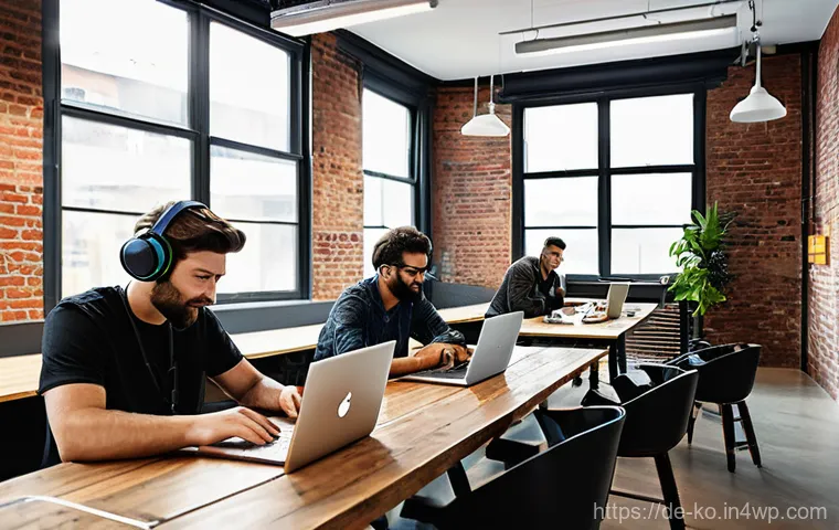 코워킹 커뮤니티의 경쟁력 분석 - A vibrant, brightly lit coworking space bustling with activity. Diverse professionals, casually dres...