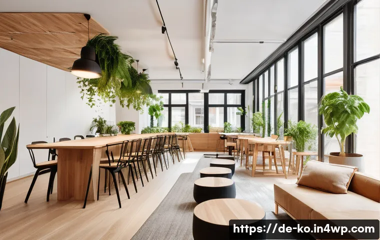 코워킹 커뮤니티의 문화 조성 방법 - A cozy and vibrant coworking space interior designed for a German urban setting, featuring large win...