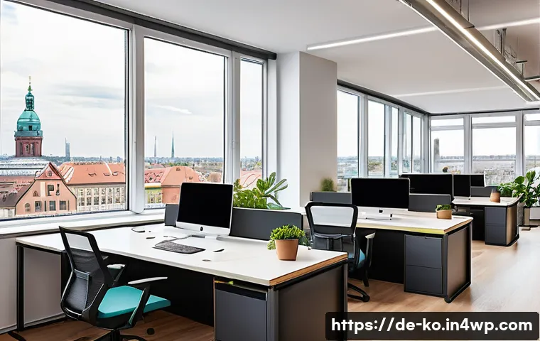 코워킹 커뮤니티의 미래 전망 - A modern German coworking space interior featuring diverse professionals working flexibly in a brigh...