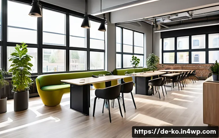 코워킹 스페이스의 자원 관리 방법 - A modern coworking space interior showcasing flexible booking systems in use: people of diverse back...