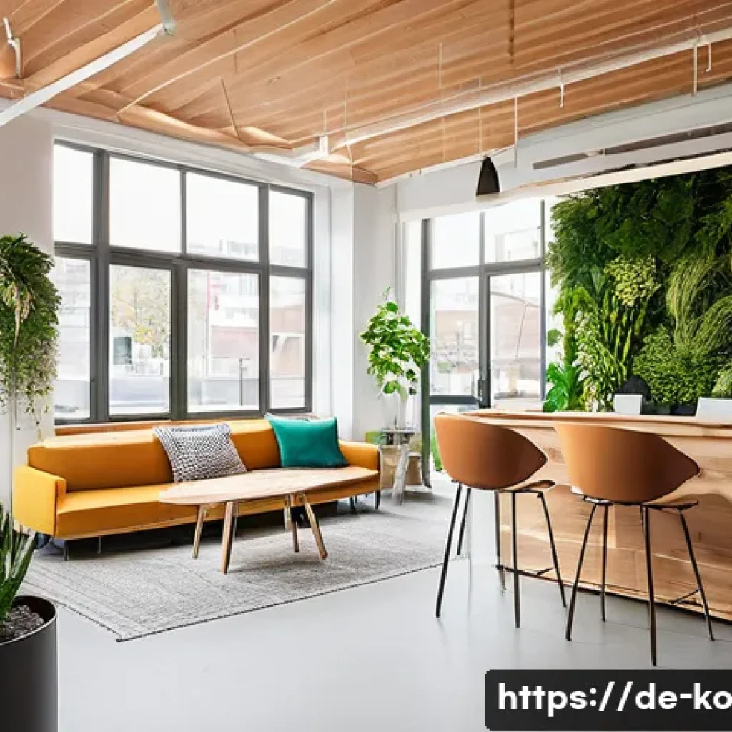 코워킹 커뮤니티의 지속 가능성 - A modern German coworking space interior featuring sustainable design elements: warm natural light f...