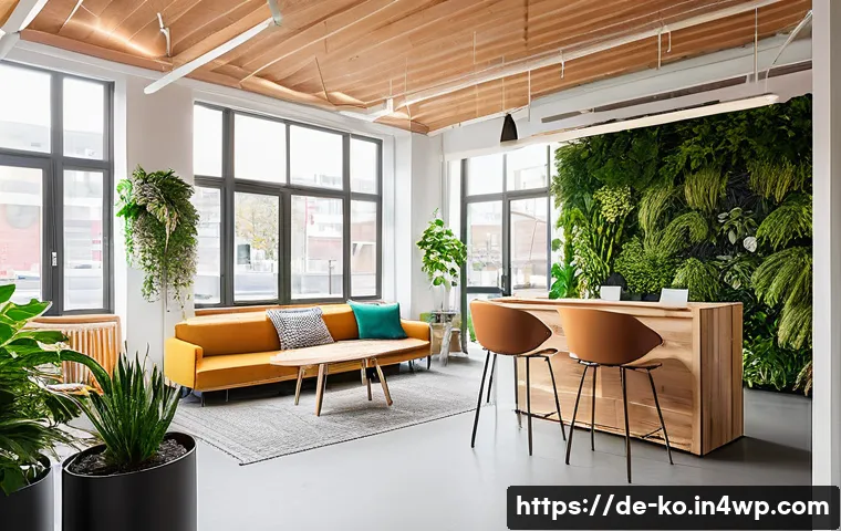 코워킹 커뮤니티의 지속 가능성 - A modern German coworking space interior featuring sustainable design elements: warm natural light f...
