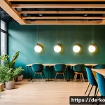 Home 20 코워킹 스페이스의 고객 경험 개선 방안 - A bright, modern coworking space interior in a German city, featuring large floor-to-ceiling windows...