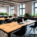 Home 19 코워킹 커뮤니티의 사회적 가치 - A vibrant modern coworking space in a central Berlin neighborhood, featuring an open-plan layout wit...