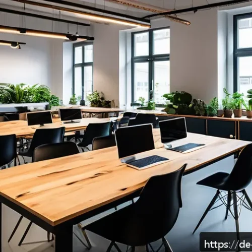 Home 31 코워킹 커뮤니티의 사회적 가치 - A vibrant modern coworking space in a central Berlin neighborhood, featuring an open-plan layout wit...