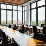 Home 18 코워킹 스페이스의 급여 및 비용 분석 - A modern German coworking space interior in Berlin, featuring a bright, open-plan office with ergono...