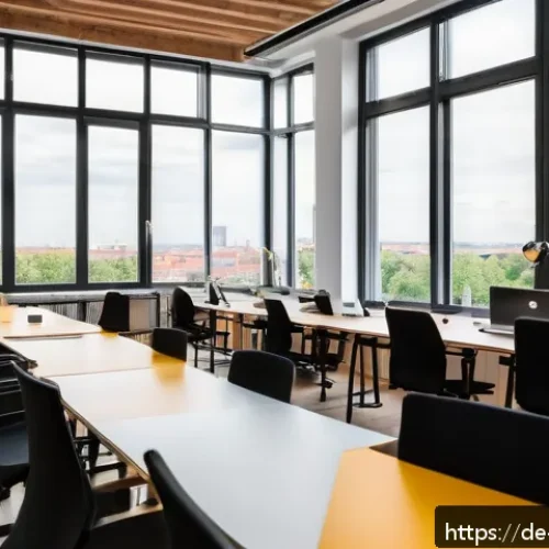 Home 30 코워킹 스페이스의 급여 및 비용 분석 - A modern German coworking space interior in Berlin, featuring a bright, open-plan office with ergono...