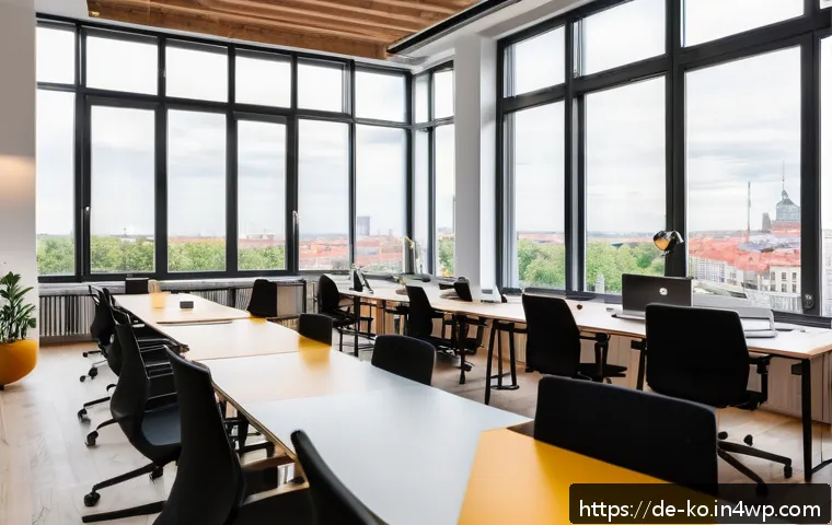 코워킹 스페이스의 급여 및 비용 분석 - A modern German coworking space interior in Berlin, featuring a bright, open-plan office with ergono...