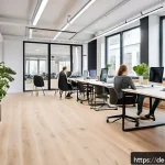 Home 23 코워킹 스페이스의 경제적 이점 - A modern coworking space interior located in a bustling German city center, showing diverse professi...