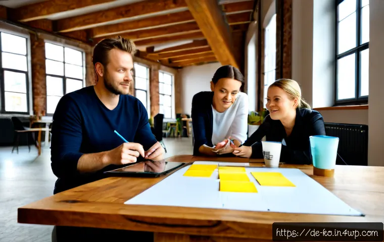 코워킹 스페이스에서의 이벤트 기획 방법 - Photorealistic modern coworking space in Berlin, diverse adult event planning team gathered around a...